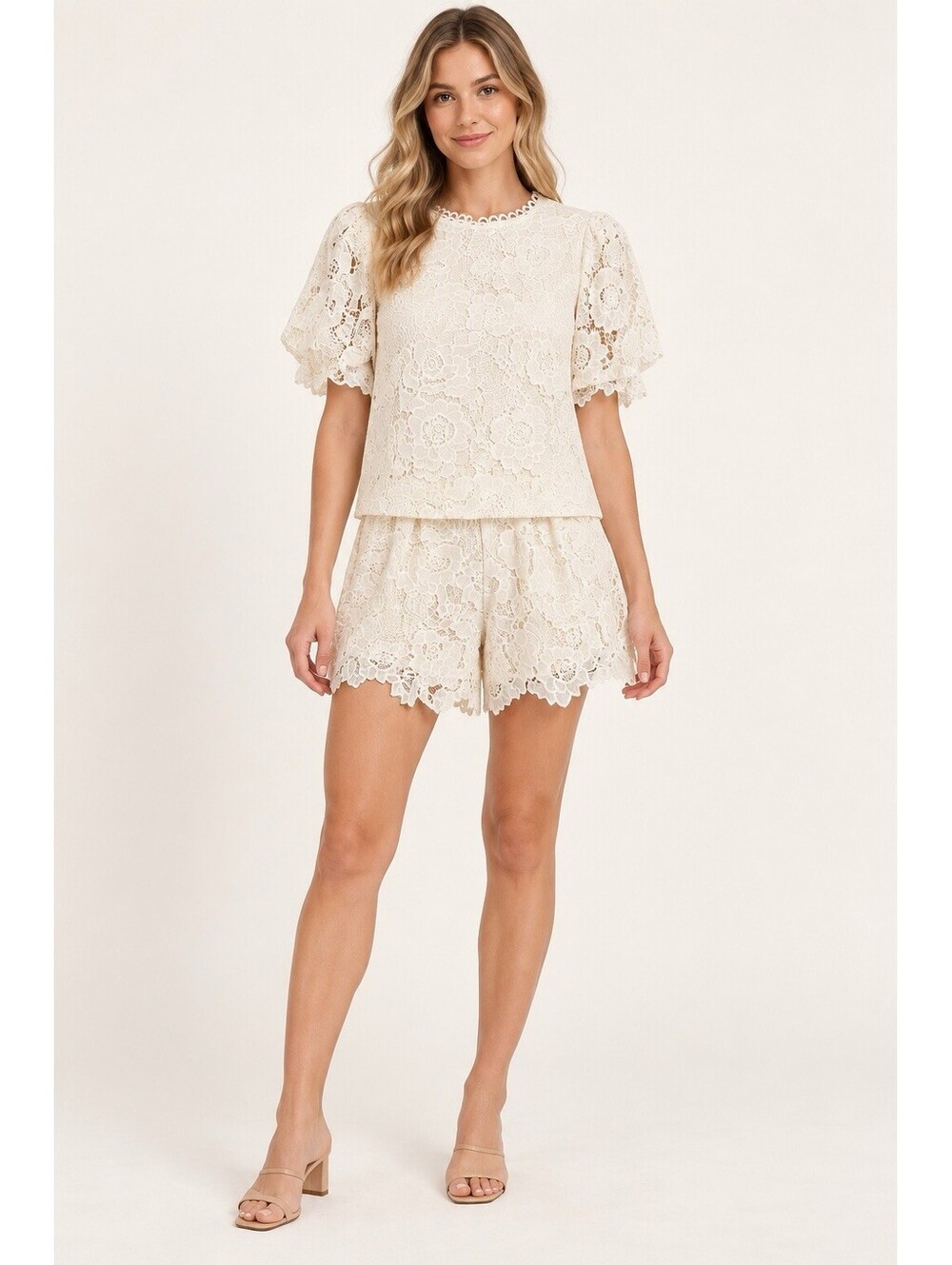NWT Umgee Small Ivory Floral Lace Puff Sleeve Top Shorts 2 Piece Set K8673